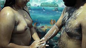 curvy brunette enjoys a steamy bath with a thick cock inside her