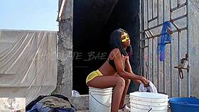 Shaking juicy booty during morning chores