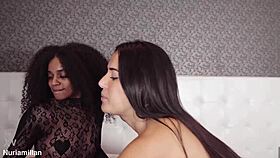 Three horny sluts in sexy bodysuits call two big black cocks for hard fucking