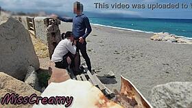 dick flash risky blowjob on beach with stockings