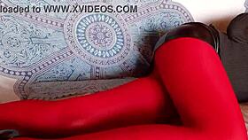 the milf with beautiful legs red pantyhose and black heels