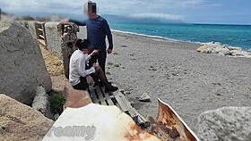 dick flash risky blowjob on beach with stockings
