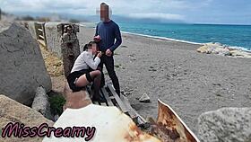 dick flash risky blowjob on beach with stockings