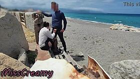 dick flash risky blowjob on beach with stockings