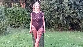 granny shows sheer bodysuit outside