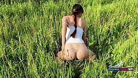 horny russian girl takes bottle in wet pussy outdoors