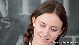 Brunette student sucks and rides teacher in class