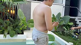My sexy friend and I ran into my horny neighbor at the pool