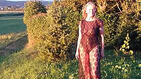 granny shows sheer bodysuit outside