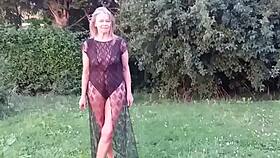 granny shows sheer bodysuit outside
