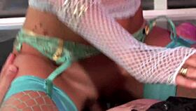 Glamorous slut with big boobs heavenly sucks and fucks in fishnets