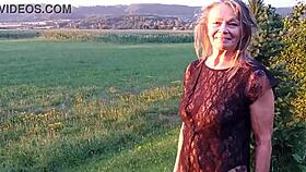 granny shows sheer bodysuit outside