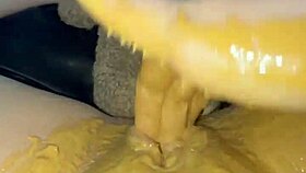 american teen rubs creamy peanut butter in virgin pussy