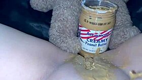 american teen rubs creamy peanut butter in virgin pussy