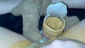 american teen rubs creamy peanut butter in virgin pussy
