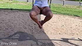 Wifey shows her shaved pussy in public without panties