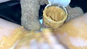 american teen rubs creamy peanut butter in virgin pussy