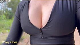 wife shows cleavage in tight shirt outdoors