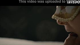 masked fantasy babe gives sloppy blowjob on the bed straddles him and grinds her pussy hard