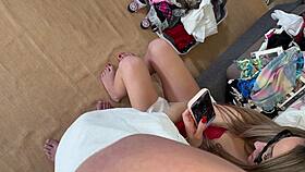 tennis skirt no panties no bra big boobs girl gives an incredibly hot handjob to a big cock guy