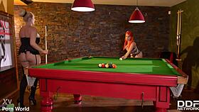 curvy british girl shows big tits on pool table