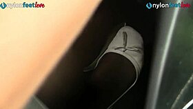 redhead pedal pumping and upskirt in stockings and flats