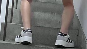 Shemale ting xuan masturbates with a vibrator inserted in the stairwell