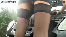 redhead pedal pumping and upskirt in stockings and flats