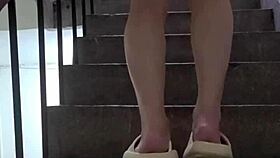 Shemale ting xuan masturbates with a vibrator inserted in the stairwell