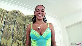 Light brown skin girl with natural saggy tits gives oiled intense pov hand action to long item
