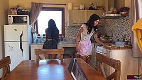Maids get creampied in kitchen scene